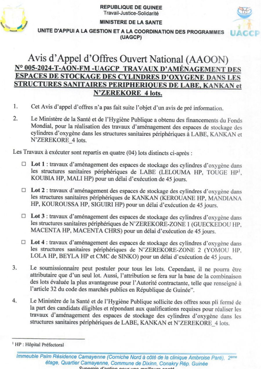 AVIS D'APPEL D'OFFRES POUR DES TRAVAUX D'AMÉNAGEMENT DES ESPACES DE STOCKAGE DES CYLINDRES D'OXYGENE DANS LES STRUCTURES SANITAIRES PERIPHERIOUES DE LABE, KANKAN et N'ZEREKORE 4 lots | Page 1